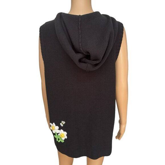Quacker Factory Black Daisy Bees Honey Floral Zip-Up Hooded Vest cardigan size L - Picture 3 of 7